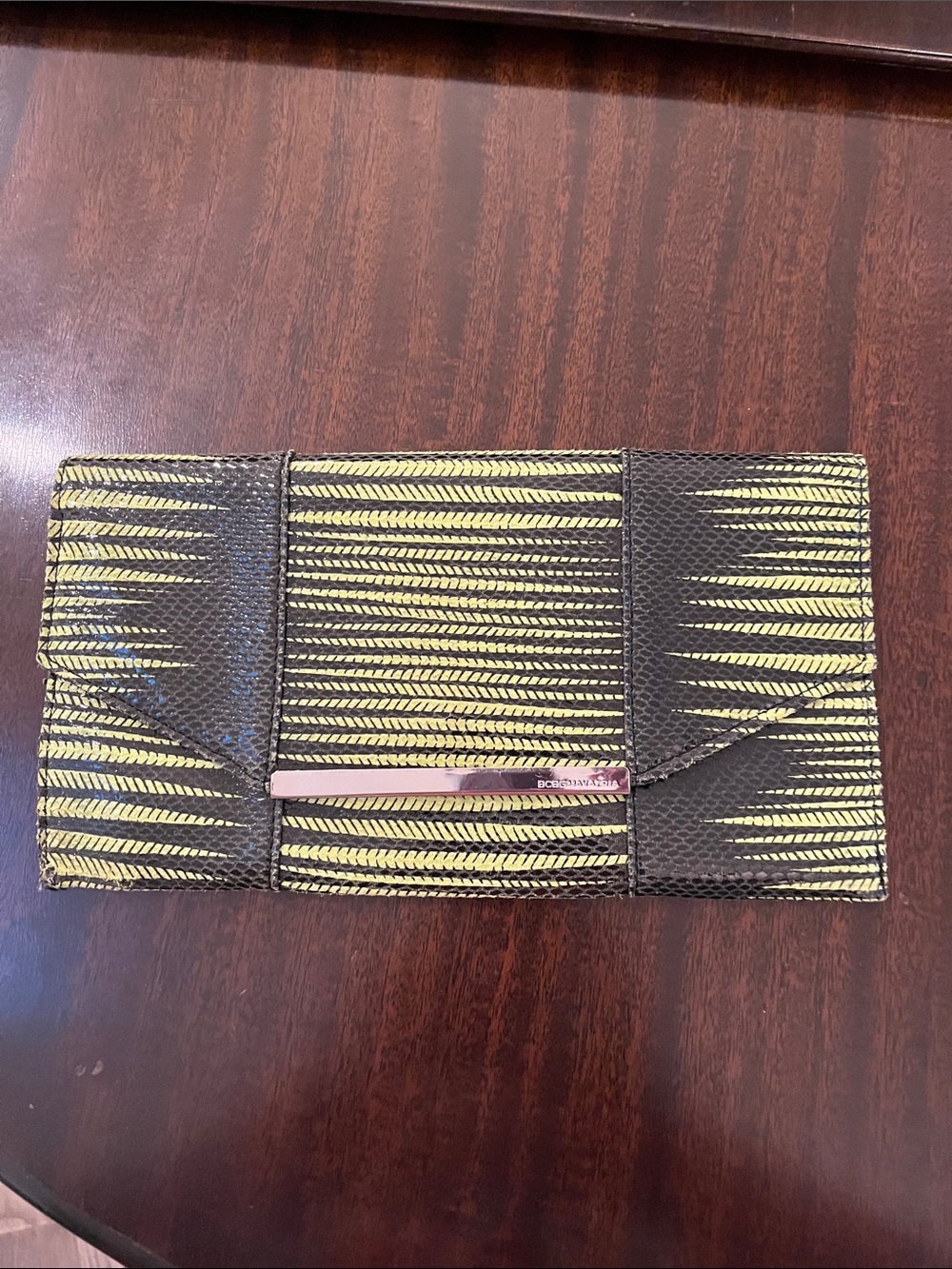 BCBGeneration Yellow and Black Patterned Envelope Clutch